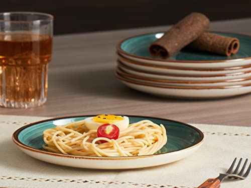 Onemore Ceramic Dinner Plates Set Of 6, 8.5 Inch Small Stoneware Plates For Appetizer, Salad And Dessert. Oven, Microwave And Dishwasher Safe Plate, Stackable, Rustic Kitchen Porcelain Dish, Teal #TOP4