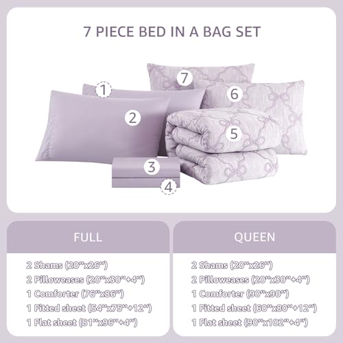 Image of Queen Comforter Set with Sheets for Girls-7 Pieces Bow Bed in A Bag | Soft Jacquard Queen Size Bedding Sets with Light Purple Comforter, Pillowcases & Shams, 90 inch X 90 inch