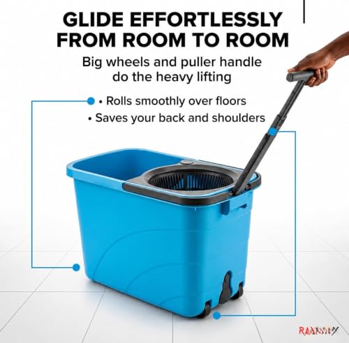 Image of Spin Mop Bucket Set with Stainless Steel Wringer, 360 Rotating Microfiber Mop Head, Adjustable Telescopic Handle, Floor Cleaning System for Home, Kitchen, Bathroom & Office (Plastic Blue)