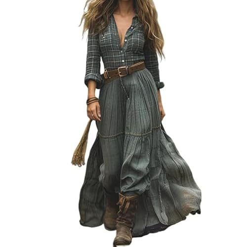 JIAALU Damen Kleider Langes Boho Kleid Vintage Rustikaler Stil Blumenmuster Kleid Lässiges Maxikleid Frühling Langarm Blumenkleid Strandkleid...