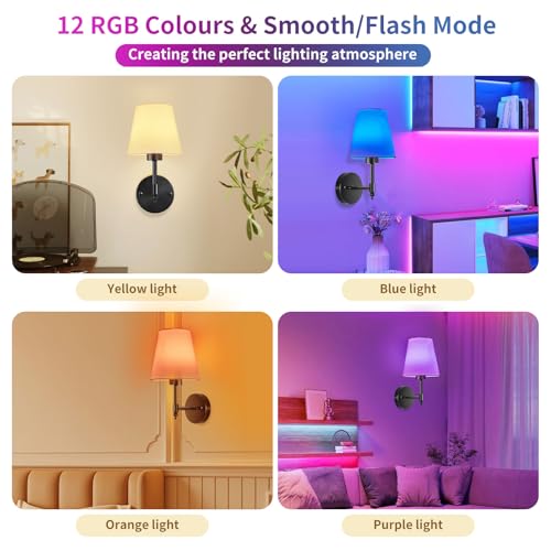 Image of Battery Operated Wall Sconces Set of Two, Rechargeable Wireless Wall Lights with RGB Dimmable Magnetic Bulb and Remote,15 Colors Options Wireless Wall Lamps for Bedroom Living Room Hallway -black