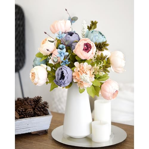 Image of FiveSeasonStuff Vintage Artificial Peonies Silk Peony Flowers and Hydrangeas for Wedding Bridal Home Decor - Beautiful Floral Centerpiece Arrangement with 2 Bouquets (Tranquil Blue and Pink Mix)