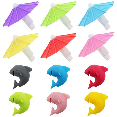 DXLing 12 St&uuml;ck Silikon Glasmarker Kennzeichnung f&uuml;r Gl&auml;ser Glas Marker Regenschirm und Haifischform Glasmarkierer Bunt Teebeutelhalter Weinglas Marker Weinglasmarker Glas Markierung f&uuml;r Party