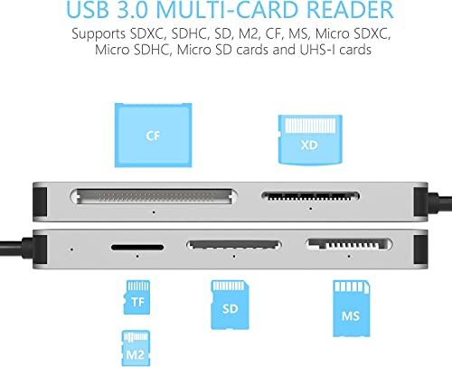 Usb3.0 Card Reader, Cateck 6 In 1 Aluminum Card Reader, Usb 3.0 (5Gps) High Speed Tf/Sd/Ms/M2/Xd/Cf Memory Card Solt Combo Adapter, Compatible With Windows Xp/Vista / 7/8 / 8.1/10, Mac Os, Linux, #TOP2