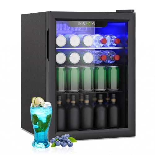 Image of DOGHLY 2.6 Cu.ft Beverage Refrigerator Cooler, 95 Can Mini Fridge with Glass Reversible Door, Digital Temperature Display for Soda, Beer or Wine For Office or Bar with Adjustable Removable Shelves