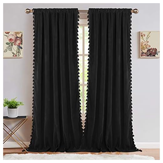 CAROMIO Boho Tassels Soft Luxury Room Darkening Velvet Window Curtain Panels for Living Room Bedroom Rod Pocket Design, Black, 42 x 84 Inch, 2 Panels