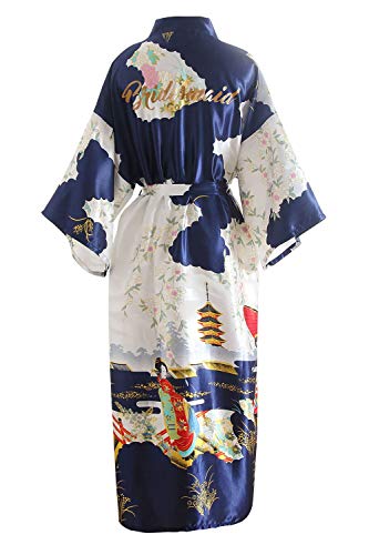 YAOMEI la mariée Demoiselle d'honneur Kimono Robe Femmes, Femmes Chemises de Nuit Fleurs de Geisha, Soyeux Robe Peignoir en Satin Pyjamas S-2XL (Buste: 126cm, pour S à 2XL, Bleu Bridesmaid)