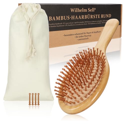 Wilhelm Sell® Cepillo de bambú con cerdas naturales – Cepillo ecológico para mujer, hombre y niños – Masajea el cuero cabelludo para un cabello sano y brillante (cepillo para el pelo)
