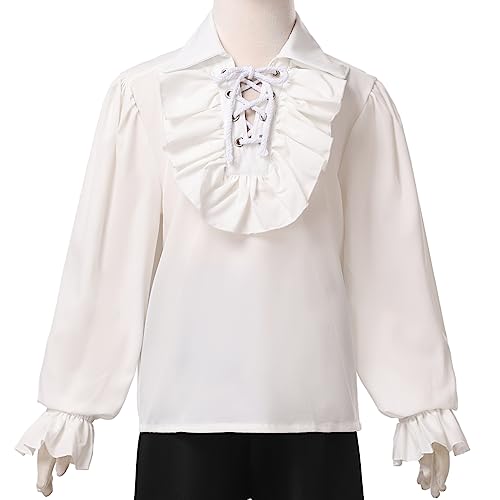 GRACEART Boy's Medieval Pirate Shirt Renaissance Costume Colonial Cosplay Ruffle Shirt Lapel Collar Lace Up Tops Kids Blouse Beige - Image 2