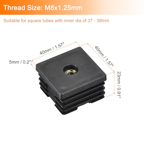 Image of uxcell 10Pcs Inserts for Square Tubes with M8-1.25mm Thread, for 1.57 inchx1.57 inch OD Square Tube, Black Plastic Plug Caster Insert Chair End Caps Furniture
