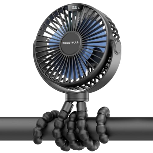 LULUWA Portable Stroller Fan LED Display with 6000mAh Battery Mini Clip Fan, 4 Speeds Selectable Small Personal Desk Cooling Fan for Baby Carriage Car Treadmill Walking Travel (Black)