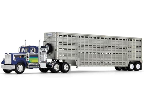 White W Star 4900 with 36" Vintage Flat Top Sleeper and Wilson 45' Vintage Livestock Trailer Blue with Stripes 1/64 Diecast Model by - DCP/First Gear 60-1944