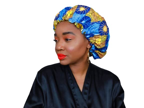Royal Divine Services LLC - Nola Royal Queenie Elastic African Print Satin Lined Bonnet (Tulinagwe-God is with Us)- Sleep Cap, Protect Hair from Breakage, Locks in Moisture, Prevents Dryness