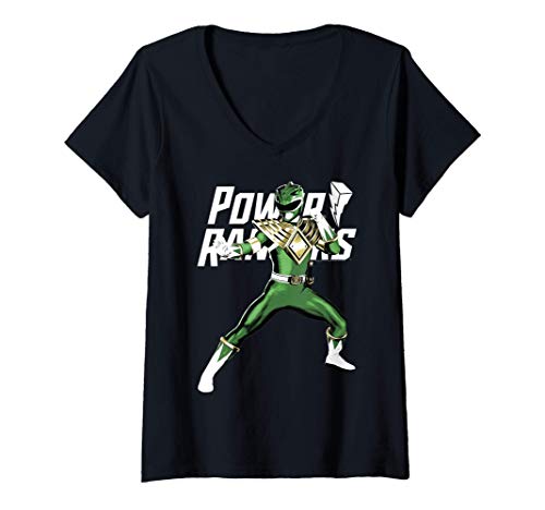 Femme Power Rangers Green Ranger Action Pose Logo T-Shirt avec Col en V
