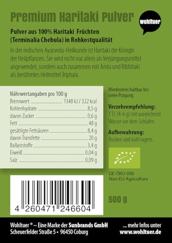 Wohltuer Haritaki Pulver, 500g, Ayurvedisches Nahrungsergänzungsmittel, Vegan, Laborgeprüft