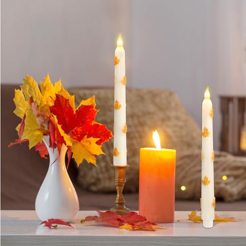Image of Fall Decor LED Taper Candles with Remote Control & Timer Function, Embossed Autumn Maple Leaf Design Flameless Taper Candles for Home Party Autumn Decorations, Set of 2