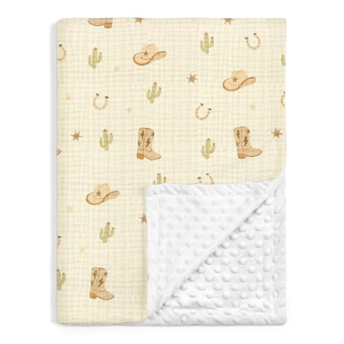 Image of SANDJEST Cowboy Minky Muslin & Dotted Blanket 30x40 in Gift for Holiday, Gender Reveal Party, Hospital Visit, Baptism