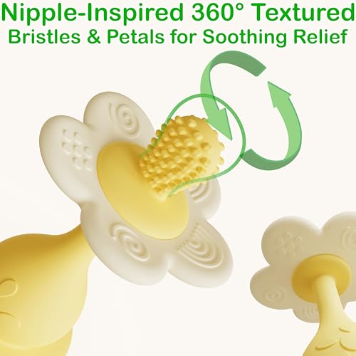 Image of Flower Teether Rattle, Silicone Baby Teething Toy 0-24M [Yellow] | 360 Multi-Texture, Nipple-Shaped End, Anti-Choking Design, Stand-Up Base, Baby Girl & Boy Teether, BPA-Free, Teething Relief