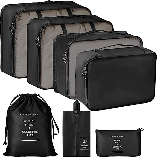 PETRICE Travel Organizer 7 Set Travel Organizer Bag 3 Packing Cubes + 3 Pouches + 1 Toiletry Organizer bag, (Black)