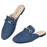 MUSSHOE Mules for Woman Buckle Flats Comfortable Slip on Women Mules Flats Shoes Backless Loafers Demin Blue Pu 9