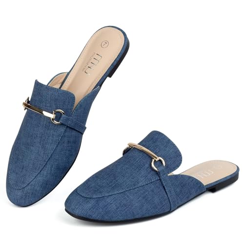 MUSSHOE Mules for Woman Buckle Flats Comfortable Slip on Women Mules Flats Shoes Backless Loafers Demin Blue Pu 9.5