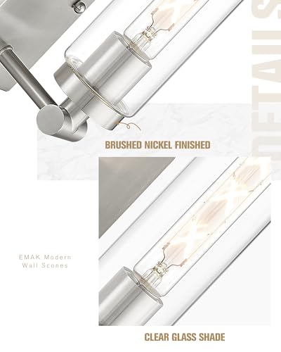 Image of Emak Modern Wall Lights, Brushed Nickel Sconces with Clear Glass Shade, 2 Light Bathroom Vanity Light for Bathroom, Mirror, Living Room, Bedroom, Gallery, WS086-BN-CG-2PK