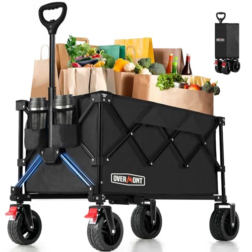 Overmont Carro Playa Plegable con Ruedas - Carrito de Jardín Todo 150L 150 kg con Todo-Terreno Desmontables Ruedas Grandes - Carro transporte plegable con Portavasos per Camping Compras Deportes Negro