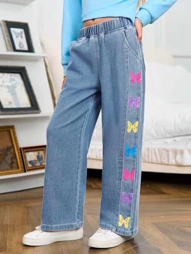 Haloumoning Girls Butterfly Print Jeans Kids Elastic Waist Wide Leg Denim Baggy Pants with Pockets 5-14Y4