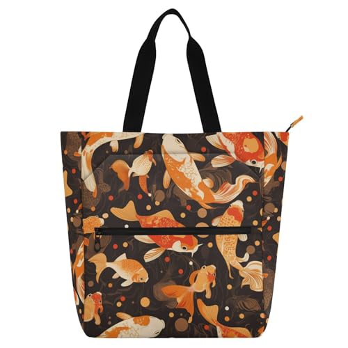 Decorative Cute Book Tote Bag for Kids Women Men, Japanese Goldfish Water-resistant Reusable Grocery Beach Bag with Zipper for College Shopping Beach Rainbow mochilas para lectores