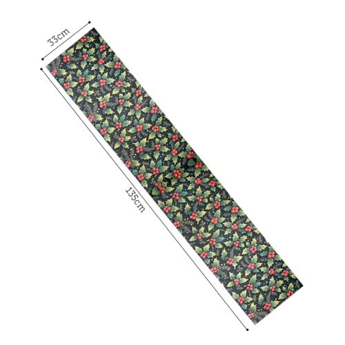 Image of 135 cm Dining Table Runner - Cherry Christmas Leaves Theme,Digital Print, Washable, Indoor /Outdoor, Heat-Proof, Wipe & Clean (135X33 cm) Red & Green