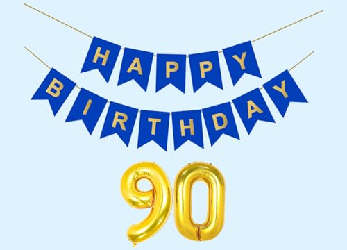 Image of Mystic Toy Store 90th Happy Birthday Decoration Kit Dark Blue for 90 year Old Women with Number Ninety Party Decorations Decor Celebration Items Item Set Combo Reusable Paper Banner