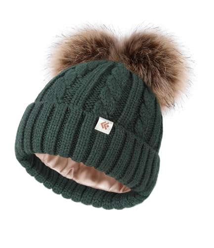 Creekstone Berretto Bambino con Doppio Pompon, Foderato in Raso Seta, Cappello Invernale Ragazzi Ragazze, Caldo Berretto con Doppio Pompon 1 a 7 Anni (IT, Testo, Taglia Unica, Verde)