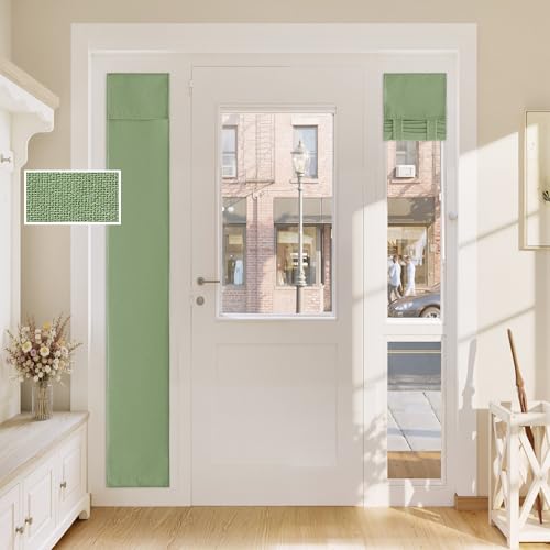 RYB HOME 100% Blackout Linen Sidelight Curtain for Side Window Adhesive, Privacy Assured Thermal Insulated Room Darkening Drapes for Narrow Window Bedroom, W 12 x L 69, 1 Panel, Sage Green
