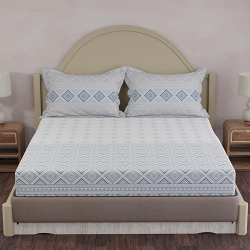 Image of Layers 100% Cotton King Size Bedsheet Set | Blue & White Ethnic Print | 120 TC Forever Collection | Soft & Breathable | Washable Bedsheet with 2 Pillow Covers | All Season