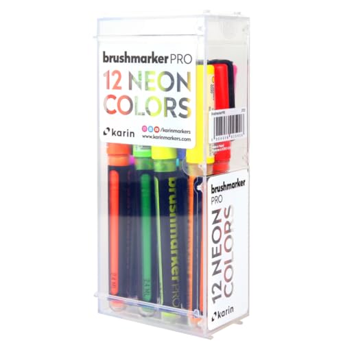 KARIN Neon Colors Lot de 12 marqueurs Pro avec couleurs fluo dans le corps transparent et le système Free-Ink 2 4 ml de peinture liquide sans marqueur de feutres