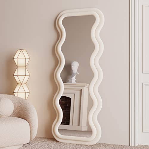 Bojoy Full Length Mirror 63"X24", Irregular Wavy Mirror, Wave Floor Mirror, Wall Mirror Standing Hanging Or Leaning Against Wall For Bedroom, Flannel Wrapped Wooden Frame Mirror-White #TOP3