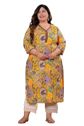 WILSHIRE Pure Cotton Plus Size Women Straight Kantha Kurta Lace W...