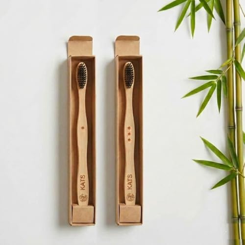Image of KATS Organic Bamboo Toothbrush for Adults (Pack of 2), Charcoal Activated Soft Bristles, Identification Marks, Biodegradable, Anti-Bacterial, Eco-friendly, Natural, Manual