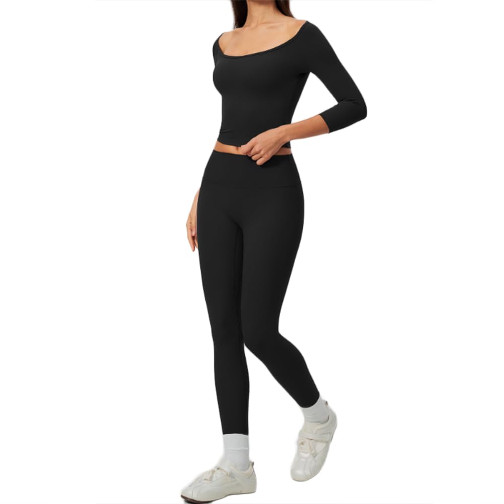 Completo yoga donna aderente con leggings a vita alta | Top corto a spalle scoperte maniche 3/4 abbinato a leggings a vita alta sollevaglutei, tessuto elastico per allenamento e uso