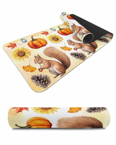Debedcor Heat Proof Table Pads Waterproof Decorative, Fall Squirrel Non-Slip Table Countertop Protector, Pastoral Pumpkins Sunflower Burlap Yellow Insulation Mat for Dining Room, 48 x 12 Inches