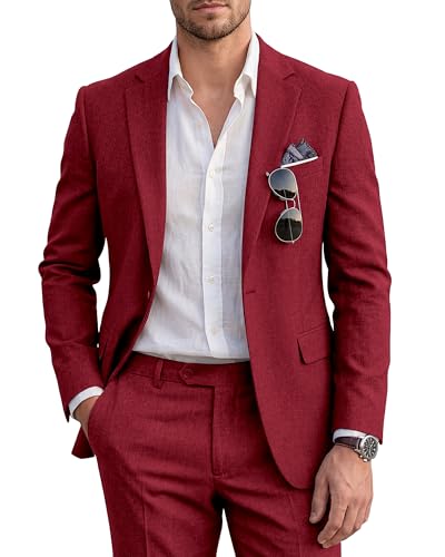 WULFUL Men's Slim Fit 2 Piece Suit, One Button Solid Blazer Business Party Jacket Pants Set Wine Red