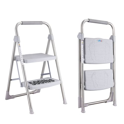 Meanfun 2 Step Ladder, 500Lbs Sturdy Stainless Steel Folding Step Stool For Adults With Wide Anti-Slip Pedal & Convenient Handgrip, Lightweight Small Step Ladder For Household Kitchen Office, Grey #TOP7