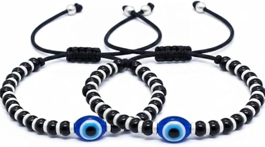 T TRENDY MART Evil Eye Nazaria Adjustable Bracelet for Baby Boys and Girls, Black and White Beads, Pack of 2