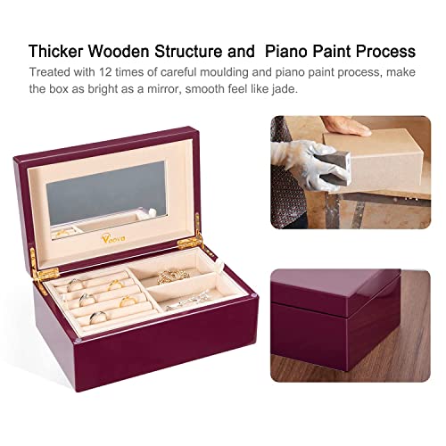 Voova Wooden Jewelry Box Organizer For Women Teen Girls, Luxury Piano Paint Wood Jewelry Case With Mirror, Large Jewellery Storage Boxes Display Holder With Removable Tray For Earrings Rings, Purple #TOP4