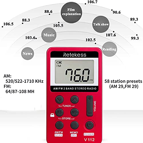 Retekess Rádio de bolso portátil V112 AM FM Digital Tuning Stereo Volume com fone de ouvido bateria