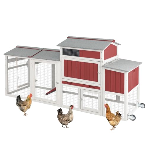 Chicken Coop Mobile Wooden Hen House with Nesting Box,83.2" L Outdoor Chicken House with 2 Wheels and Removable Tray,Fir Wood Chicken Tractor with 6 V