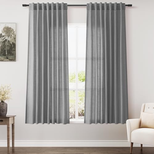 Image of Linen Curtains 63 Inch Long for Living Room Charcoal 2 Panels