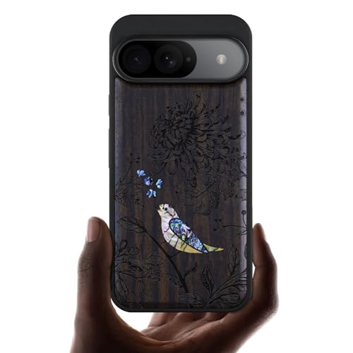 Carveit 木製 カバー 対応 Google Pixel 9 ケース, 手でインレイ/象嵌 綺麗な貝張り+ブラックソフトTPU 内部シェル, 耐衝撃 ピクセル 9 ケースワイヤレス充電器対応 Pixel 9 カバー レーザーアート彫刻 グーグルピクセル