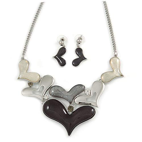Collar de corazón de cristal negro y pendientes de gota tono plateado 42cm