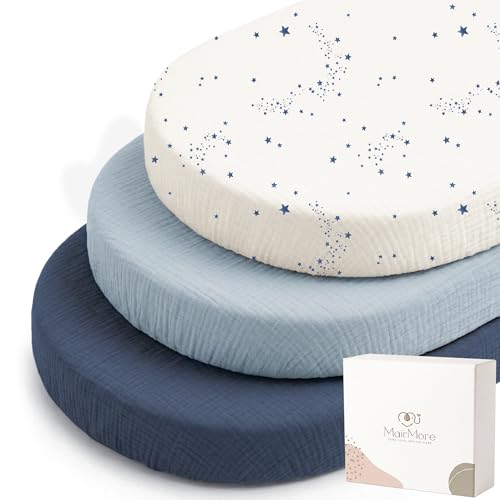Image of MairMore 3 Pack Muslin Bassinet Sheets for Babies, Soft & Breathable 100% Cotton Fitted Sheets for Oval, Rectangle, Hourglass Bassinet Mattress Pads (Starry Sky)